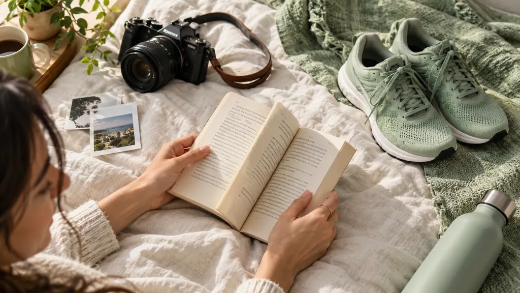 Книга, фотоаппарат и кроссовки на светлой поверхности